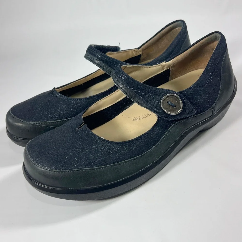 Ziera Mary‎ Jane Comfort Flats Super Support Navy Blue Shimmer Leather Womens 39